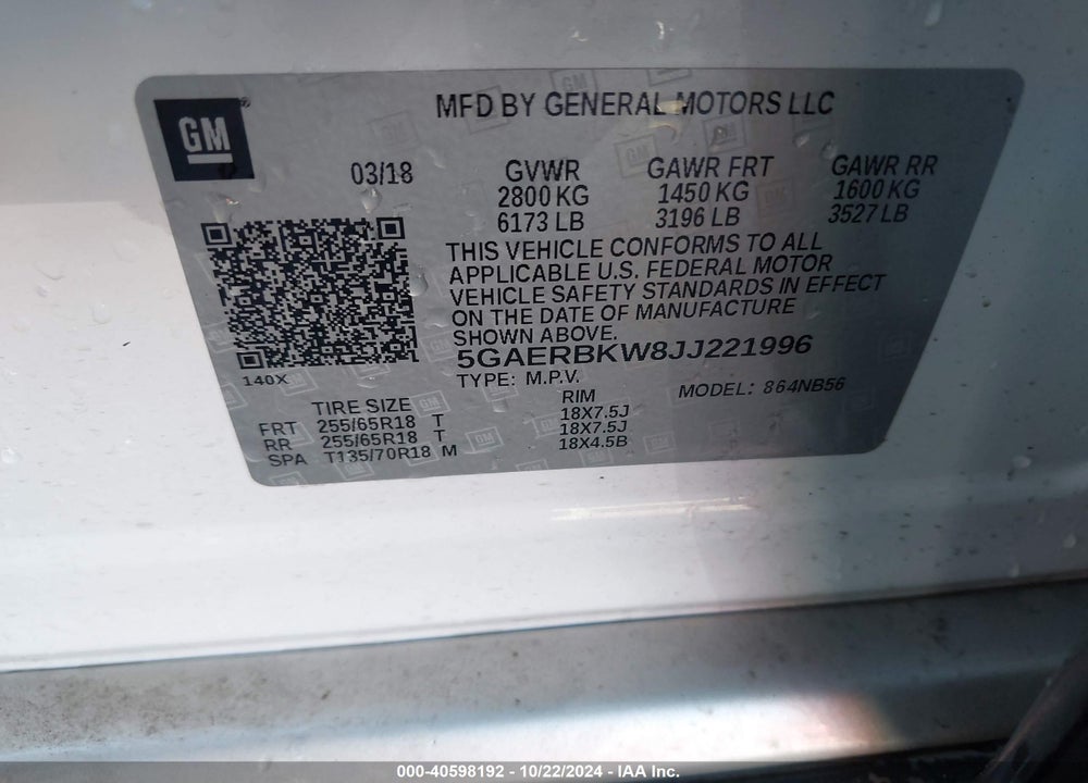 2018 BUICK ENCLAVE ESSENCE VIN: 5GAERBKW8JJ221996