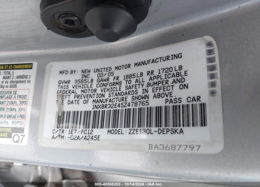 2005 TOYOTA COROLLA S VIN: 1NXBR32E45Z478765