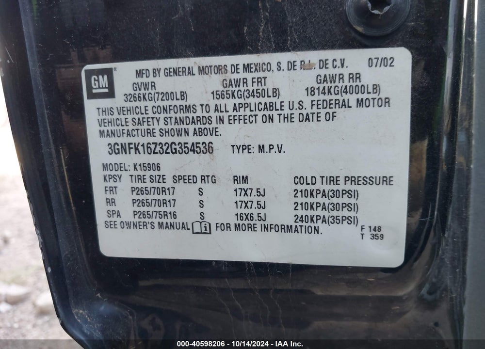 2002 CHEVROLET SUBURBAN 1500 Z71 VIN: 3GNFK16Z32G354536