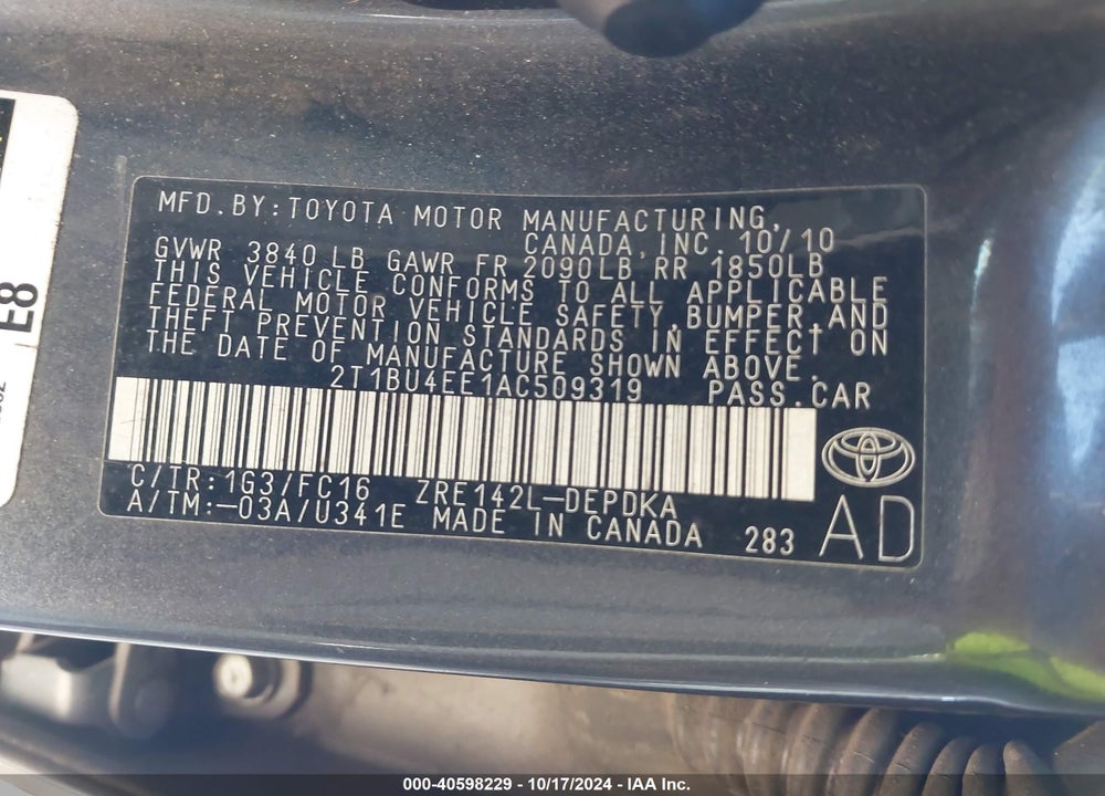 2010 TOYOTA COROLLA VIN: 2T1BU4EE1AC509319