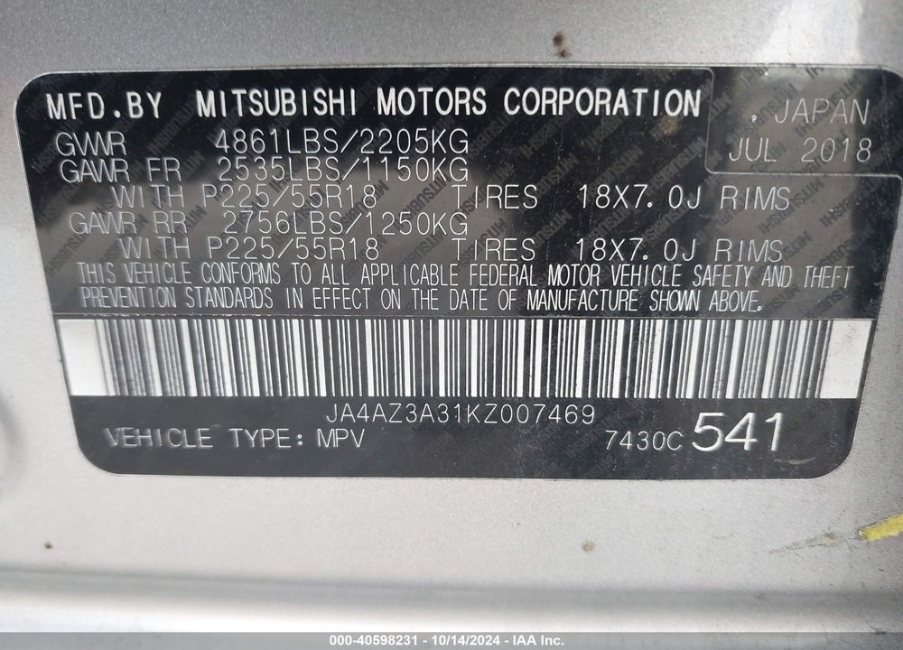 2019 MITSUBISHI OUTLANDER ES VIN: JA4AZ3A31KZ007469