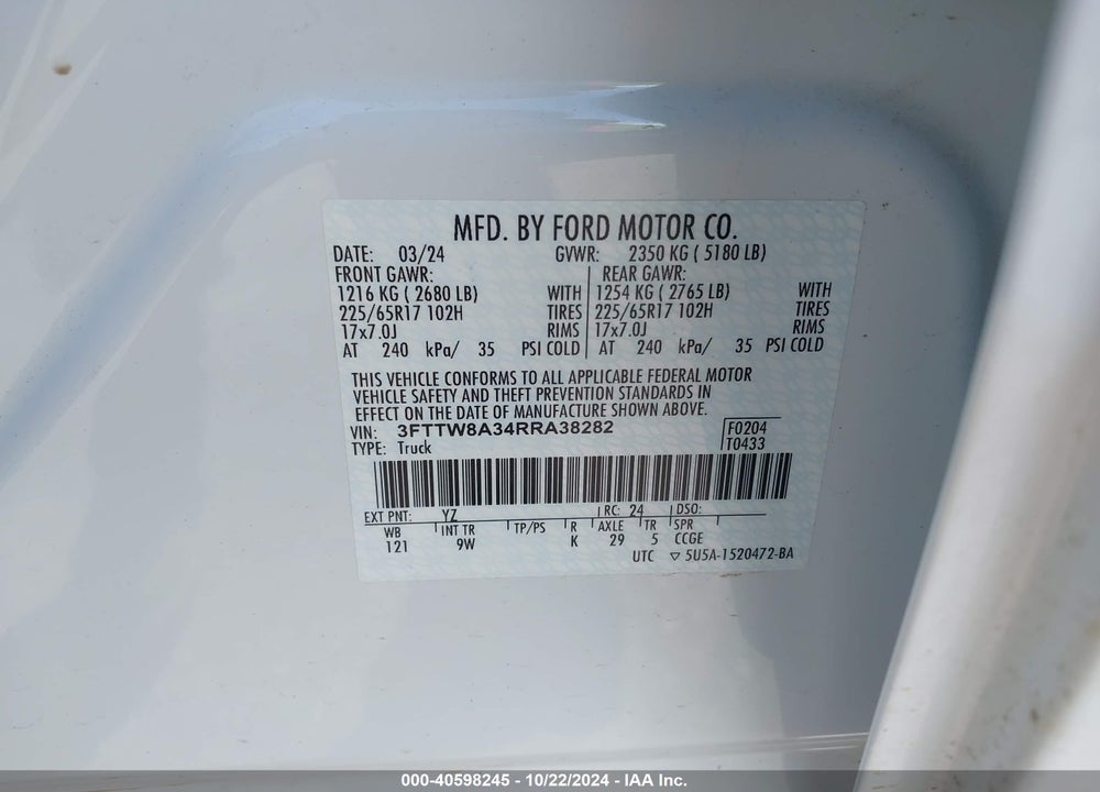 2024 FORD MAVERICK VIN: 3FTTW8A34RRA38282