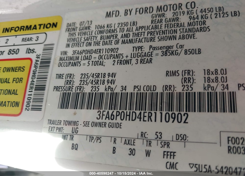 2014 FORD FUSION SE VIN: 3FA6P0HD4ER110902