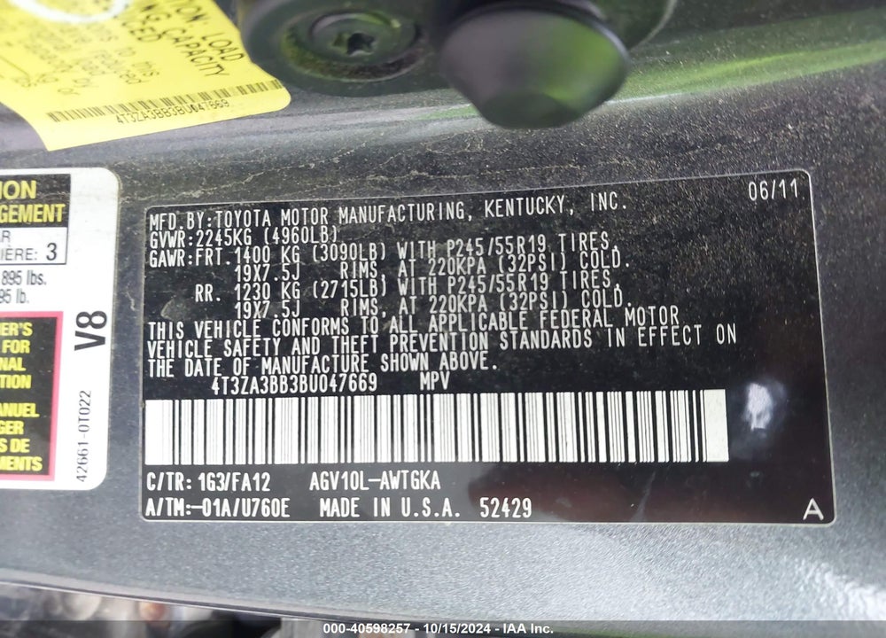 2011 TOYOTA VENZA VIN: 4T3ZA3BB3BU047669