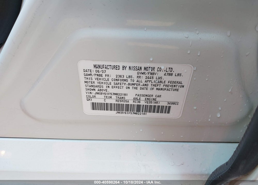 2007 INFINITI G35X VIN: JNKBV61F57M822181