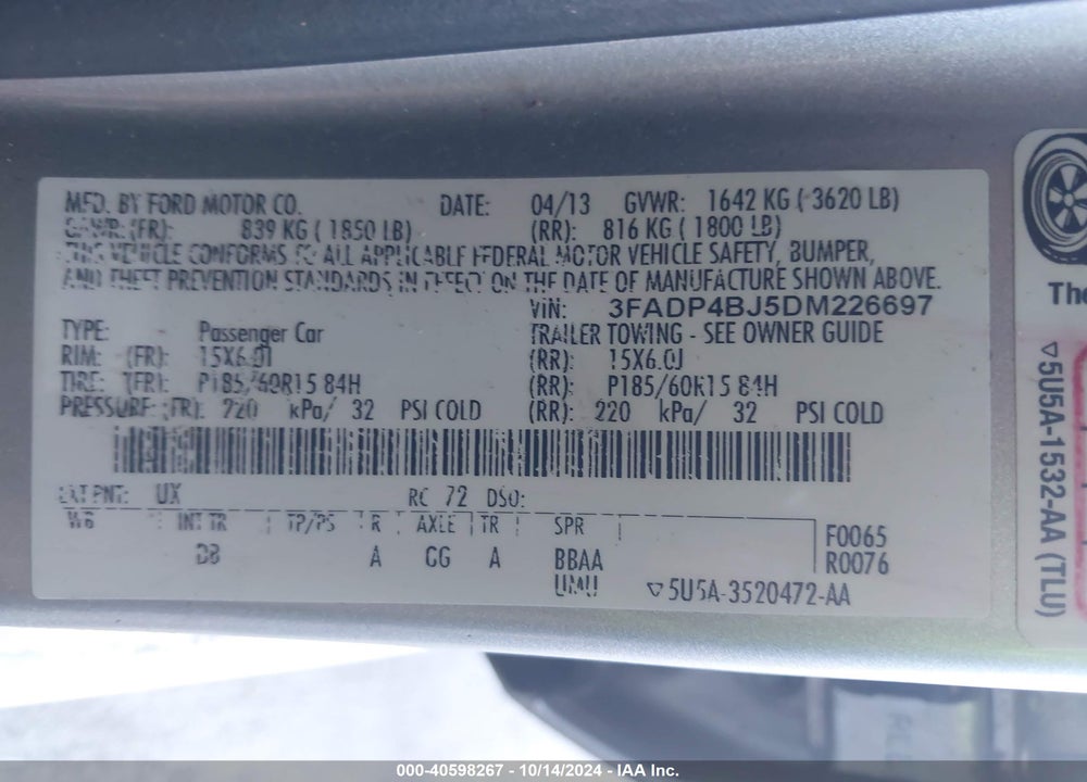 2013 FORD FIESTA SE VIN: 3FADP4BJ5DM226697