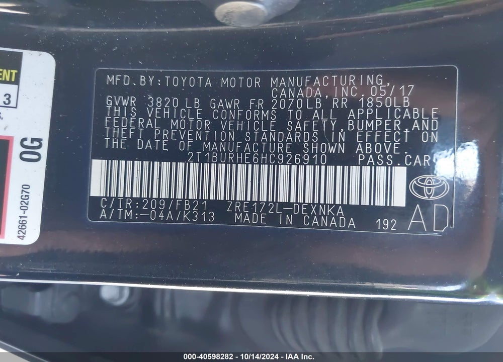 2017 TOYOTA COROLLA LE VIN: 2T1BURHE6HC926910