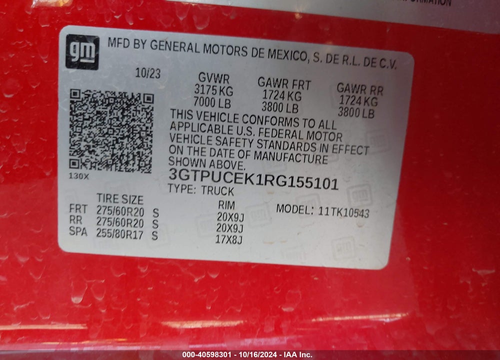 2024 GMC SIERRA 1500 4WD SHORT BOX ELEVATION WITH 3SB VIN: 3GTPUCEK1RG155101