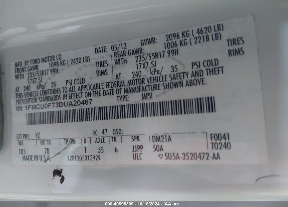 2013 FORD ESCAPE S VIN: 1FMCU0F73DUA20467