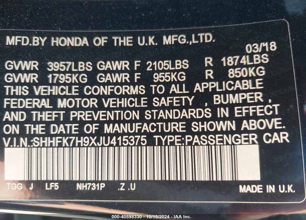 2018 HONDA CIVIC VIN: SHHFK7H9XJU415375