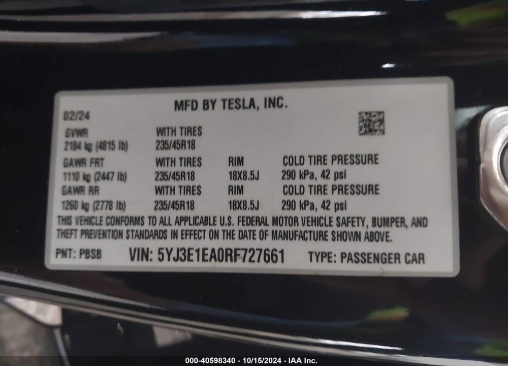 2024 TESLA MODEL 3 VIN: 5YJ3E1EA0RF727661