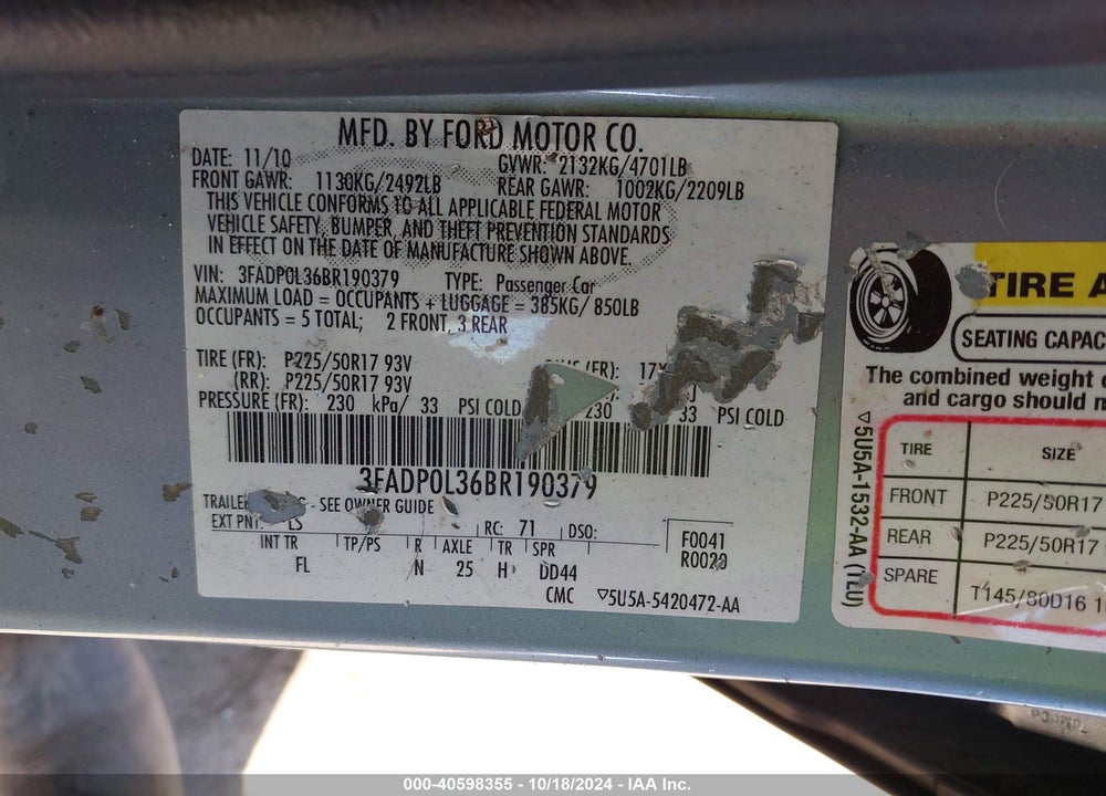 2011 FORD FUSION HYBRID VIN: 3FADP0L36BR190379