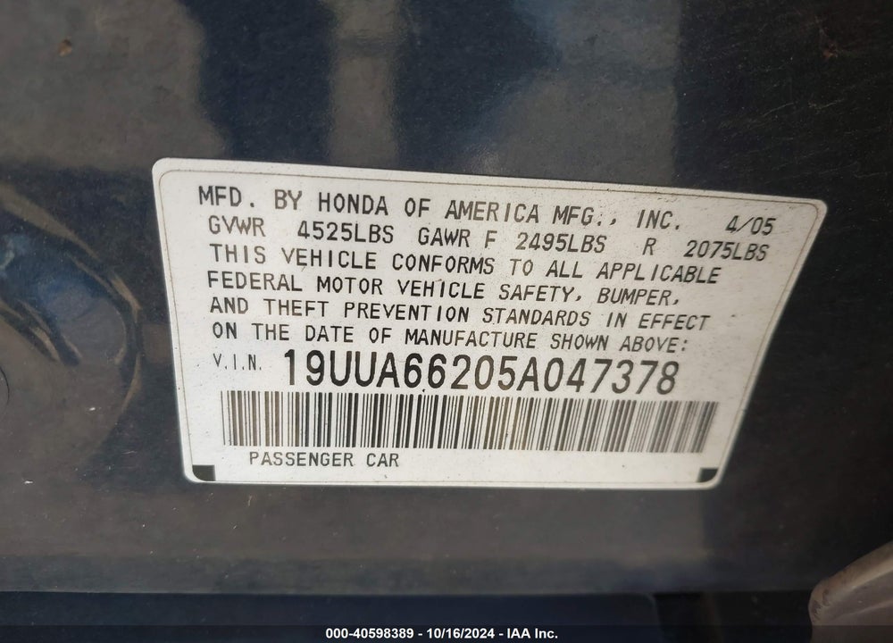 2005 ACURA TL VIN: 19UUA66205A047378
