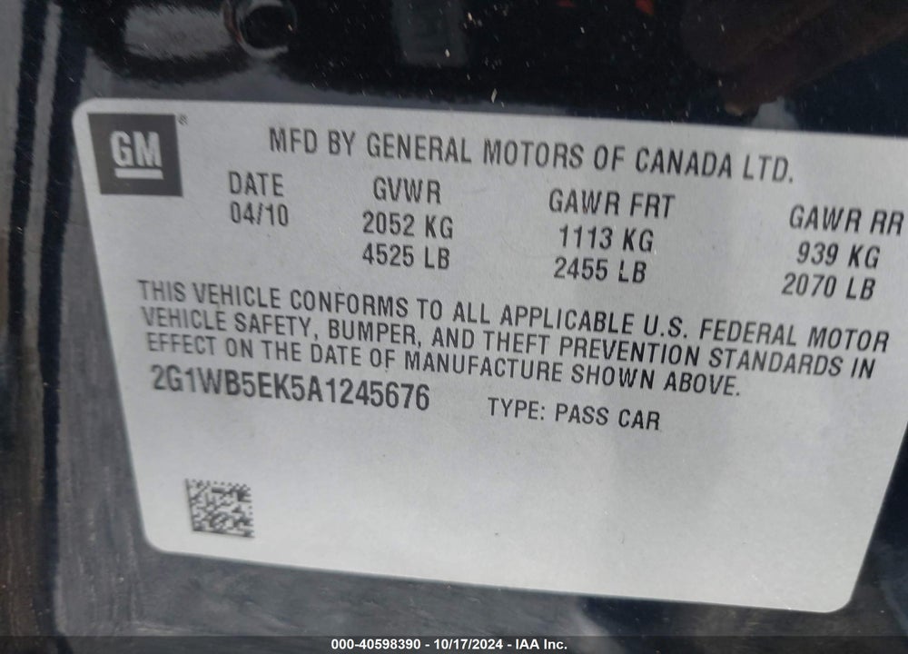 2010 CHEVROLET IMPALA VIN: 2G1WB5EK5A1245676