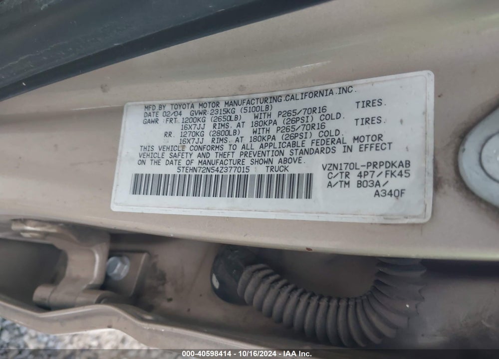 2004 TOYOTA TACOMA BASE V6 VIN: 5TEHN72N54Z377015