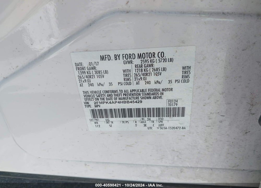 2017 FORD EDGE SPORT VIN: 2FMPK4AP4HBB45429