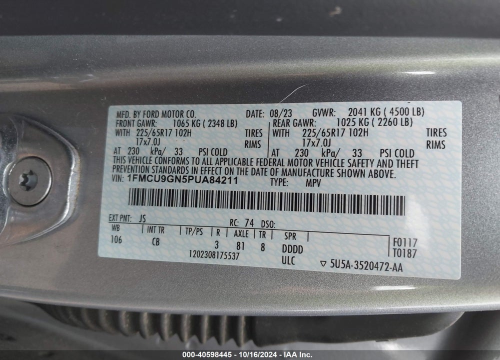2023 FORD ESCAPE ACTIVE VIN: 1FMCU9GN5PUA84211