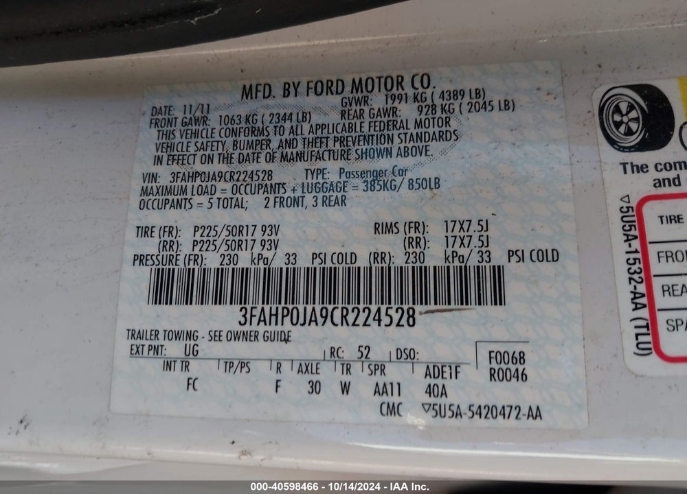 2012 FORD FUSION SEL VIN: 3FAHP0JA9CR224528