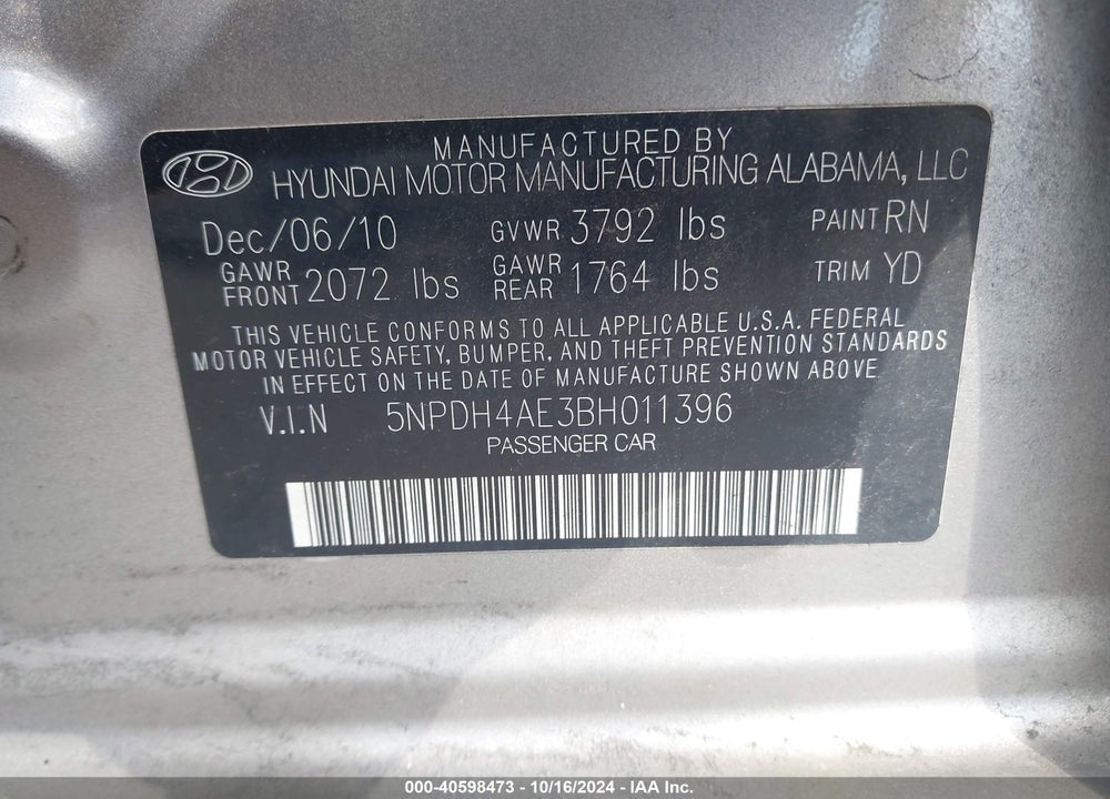 2011 HYUNDAI ELANTRA VIN: 5NPDH4AE3BH011396