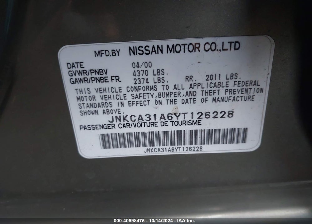 2000 INFINITI I30 LUXURY/TOURING VIN: JNKCA31A6YT126228