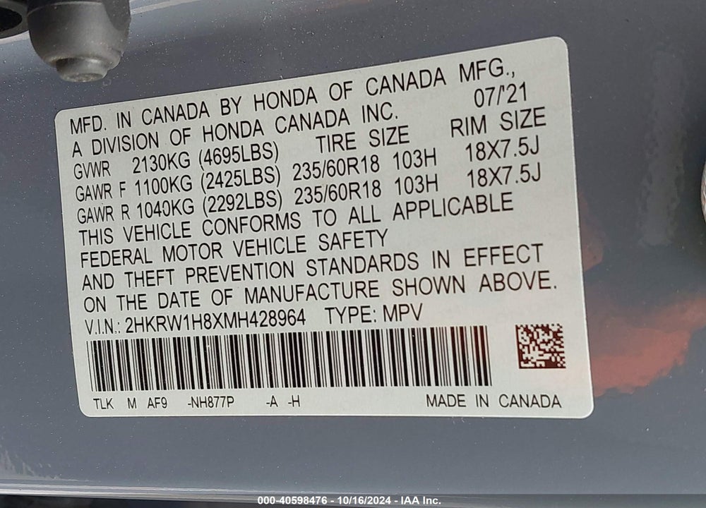 2021 HONDA CR-V 2WD EX-L VIN: 2HKRW1H8XMH428964
