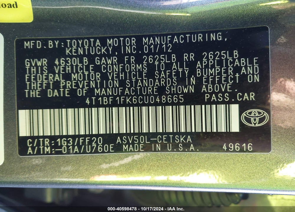2012 TOYOTA CAMRY SE VIN: 4T1BF1FK6CU048665