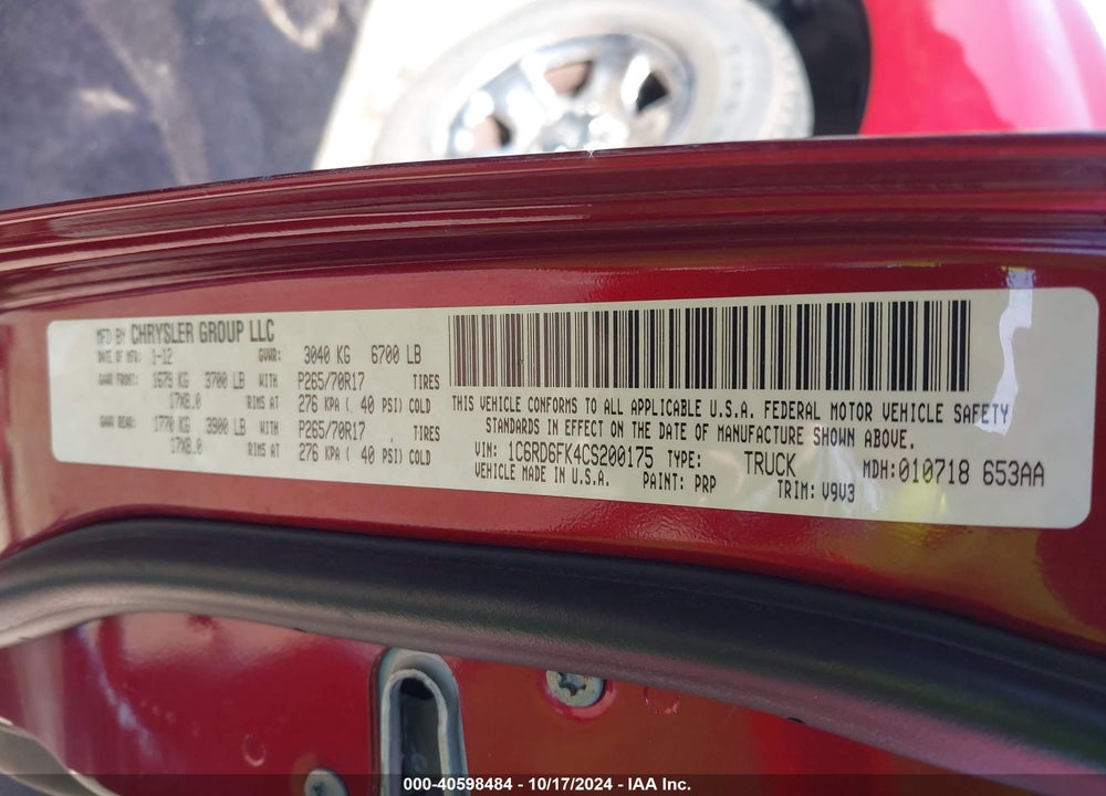 2012 RAM 1500 ST VIN: 1C6RD6FK4CS200175