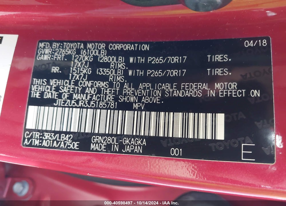 2018 TOYOTA 4RUNNER VIN: JTEZU5JR3J5185781