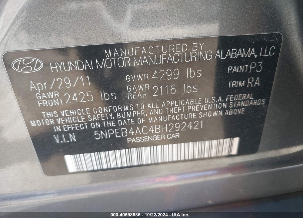 2011 HYUNDAI SONATA GLS VIN: 5NPEB4AC4BH292421