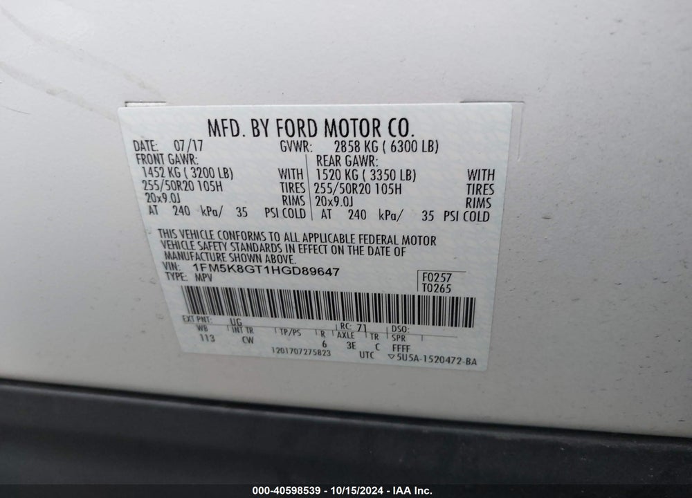 2017 FORD EXPLORER SPORT VIN: 1FM5K8GT1HGD89647