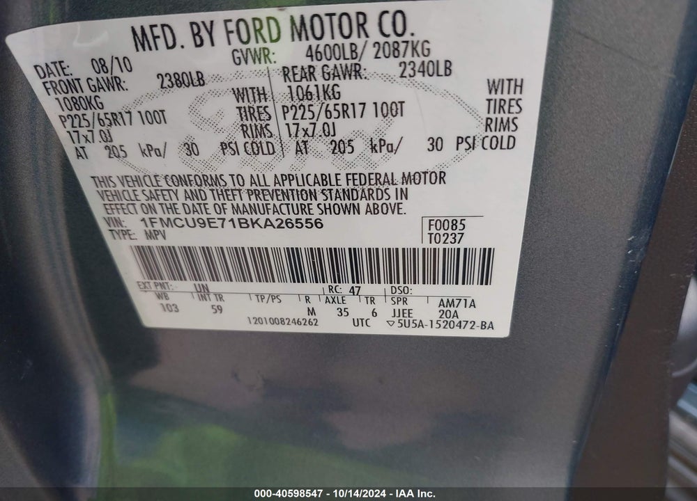 2011 FORD ESCAPE LIMITED VIN: 1FMCU9E71BKA26556