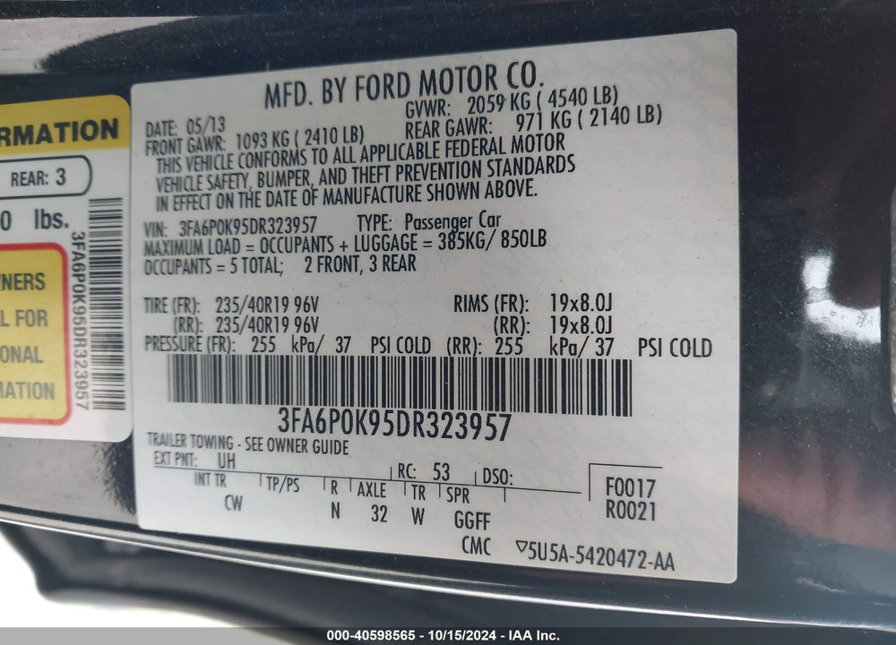 2013 FORD FUSION VIN: 3FA6P0K95DR323957