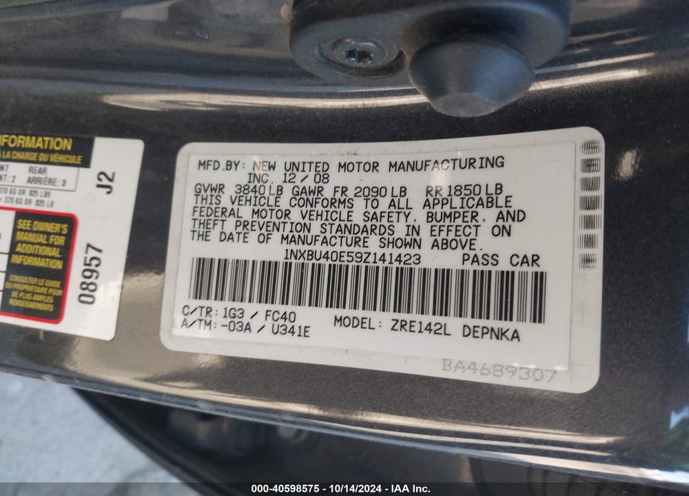 2009 TOYOTA COROLLA XLE VIN: 1NXBU40E59Z141423