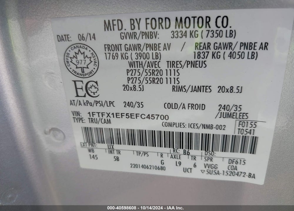 2014 FORD F-150 FX4 VIN: 1FTFX1EF5EFC45700
