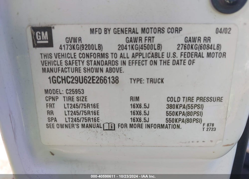 2002 CHEVROLET SILVERADO 2500HD VIN: 1GCHC29U62E266138