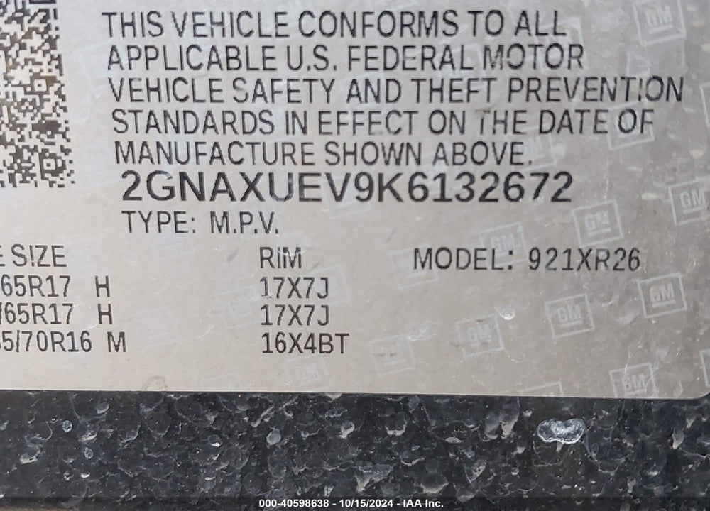 2019 CHEVROLET EQUINOX LT VIN: 2GNAXUEV9K6132672