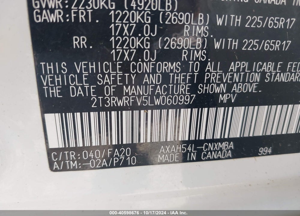 2020 TOYOTA RAV4 HYBRID XLE VIN: 2T3RWRFV5LW060997