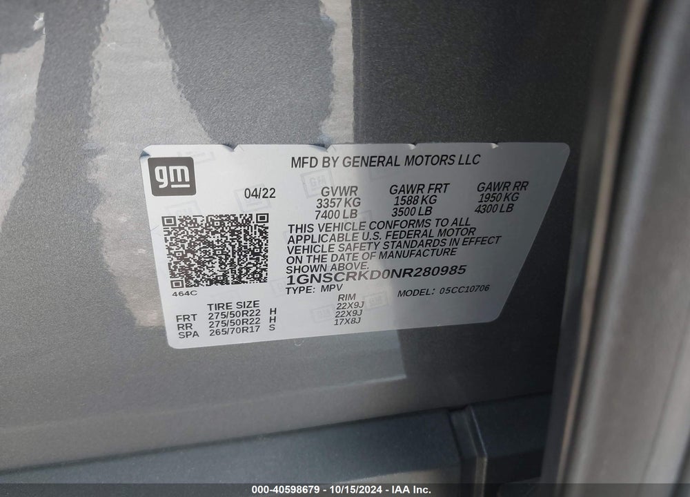 2022 CHEVROLET TAHOE 2WD RST VIN: 1GNSCRKD0NR280985
