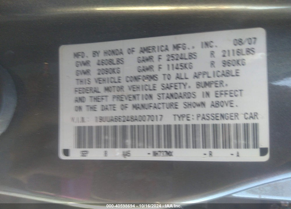 2008 ACURA TL 3.2 VIN: 19UUA66248A007017