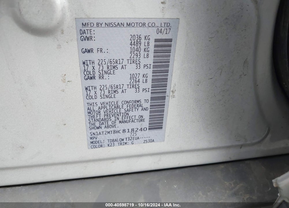 2017 NISSAN ROGUE SV VIN: 5N1AT2MT8HC818240