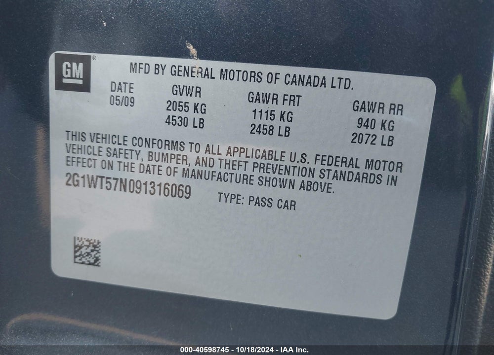 2009 CHEVROLET IMPALA LT VIN: 2G1WT57N091316069