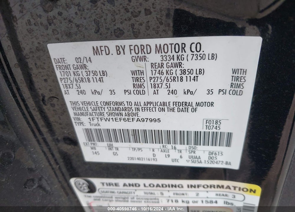 2014 FORD F-150 XLT VIN: 1FTFW1EF6EFA97995
