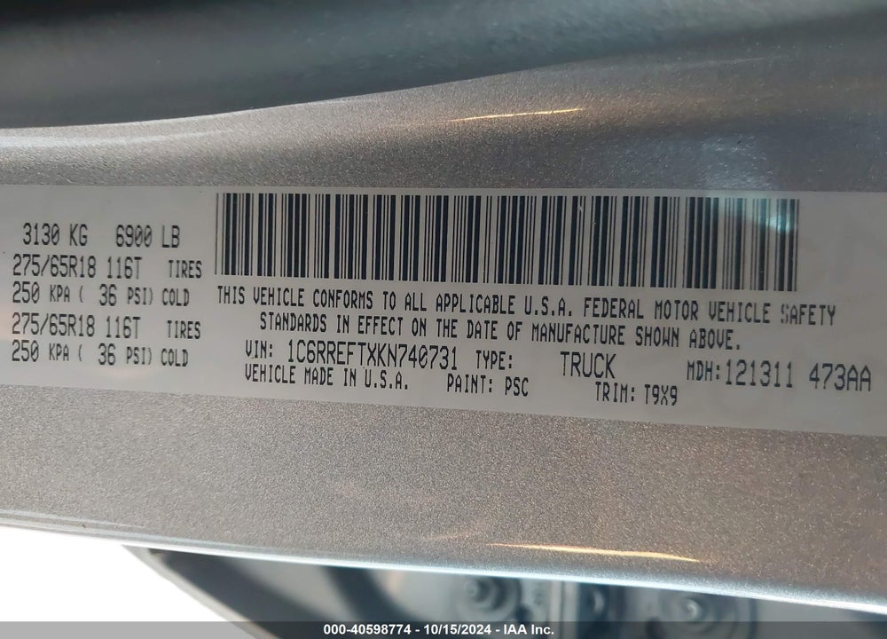 2019 RAM 1500 BIG HORN/LONE STAR 4X2 5'7 BOX VIN: 1C6RREFTXKN740731