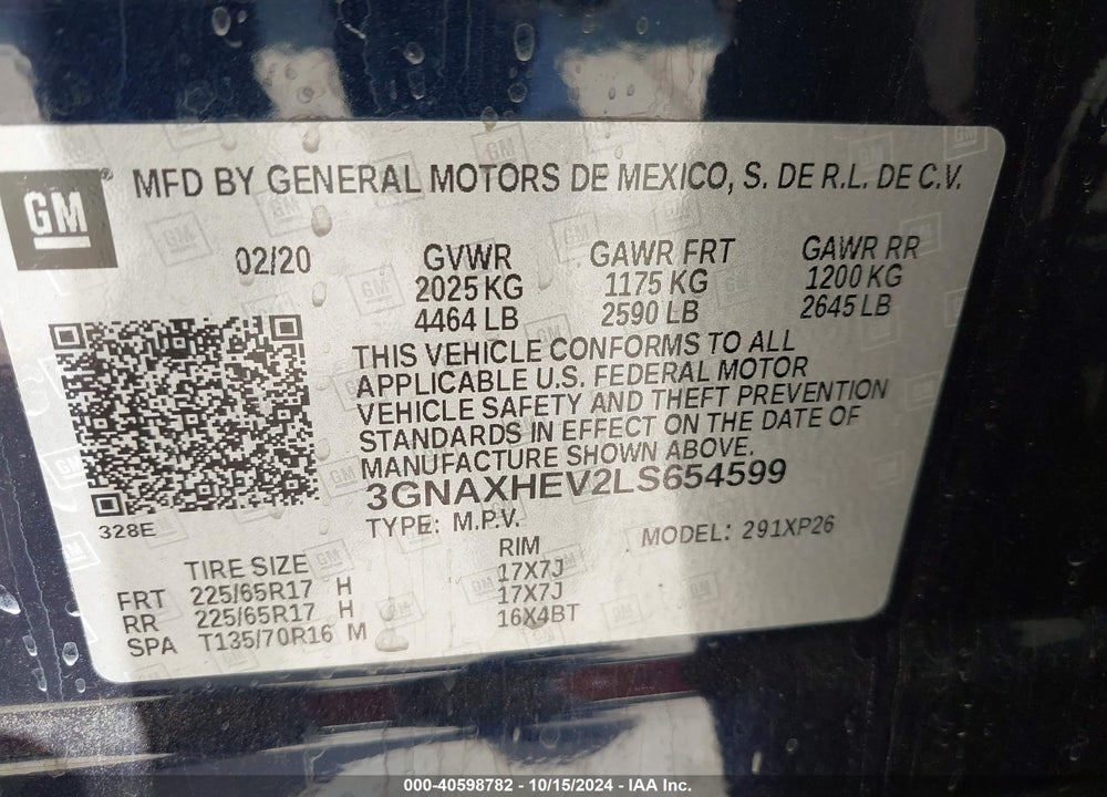 2020 CHEVROLET EQUINOX FWD LS VIN: 3GNAXHEV2LS654599