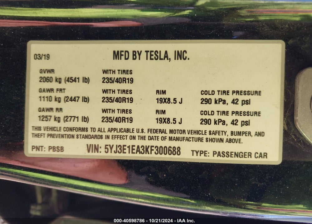2019 TESLA MODEL 3 LONG RANGE/MID RANGE/STANDARD RANGE/STANDARD RANGE PLUS VIN: 5YJ3E1EA3KF300688