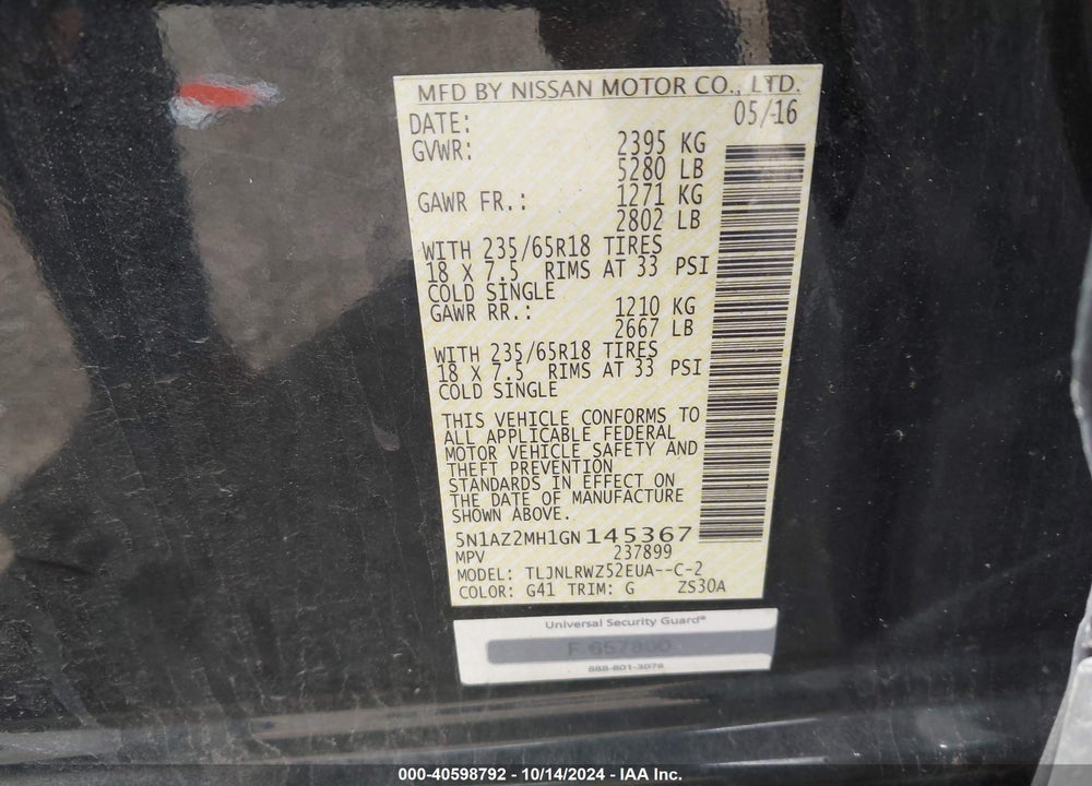 2016 NISSAN MURANO SL VIN: 5N1AZ2MH1GN145367