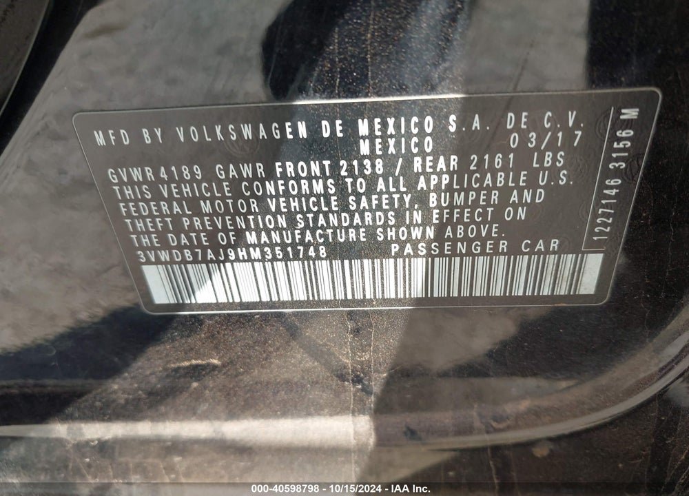 2017 VOLKSWAGEN JETTA VIN: 3VWDB7AJ9HM351748