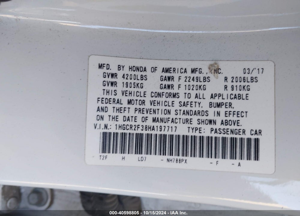 2017 HONDA ACCORD LX VIN: 1HGCR2F38HA197717