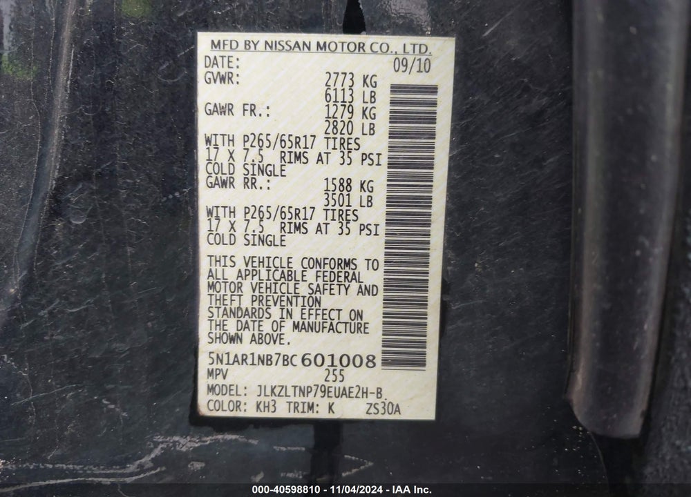 2011 NISSAN PATHFINDER SILVER VIN: 5N1AR1NB7BC601008