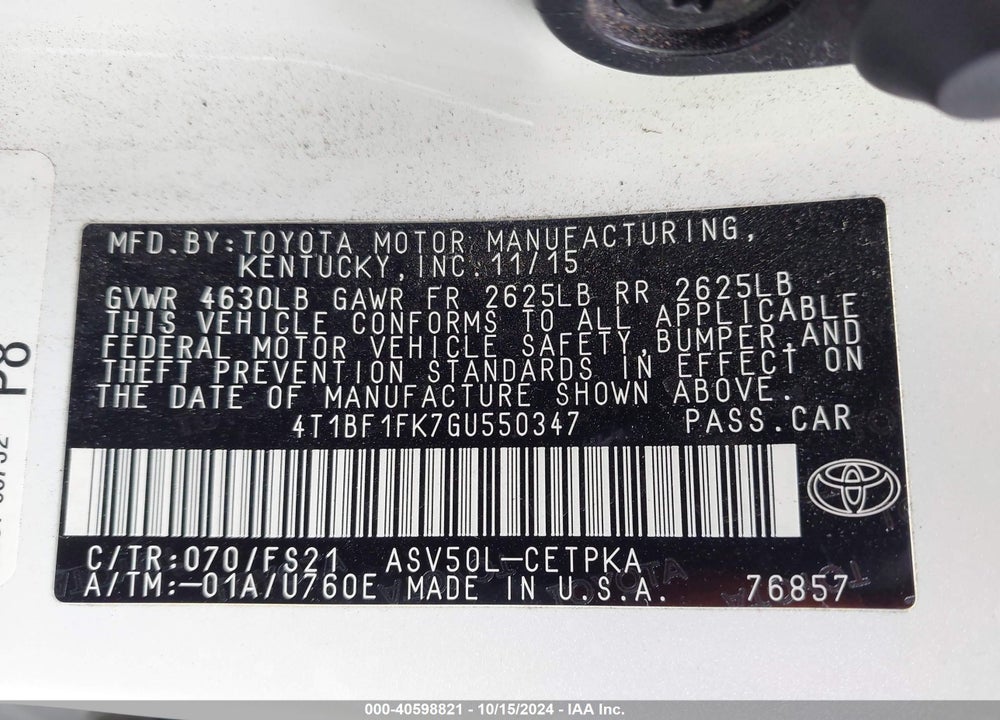 2016 TOYOTA CAMRY SE VIN: 4T1BF1FK7GU550347
